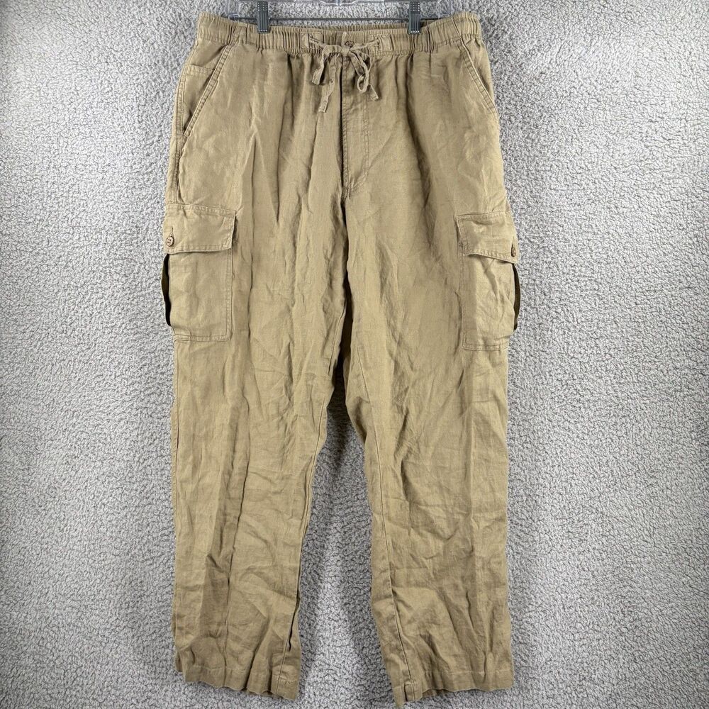 Caribbean Mens Tan 100% Linen Cargo Pants 38x30 Relaxed Beach Summer Vacation